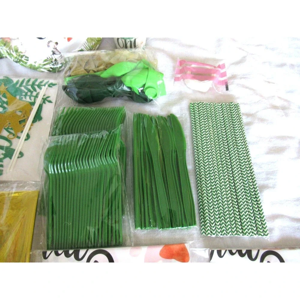Wild one Jungle Safari First Birthday Decorations for 24 Guests Over 220 Pieces